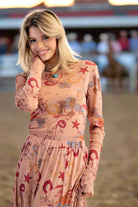 Easel Western Printed Mesh Fitted Top – Long Sleeve Cowboy Print in Camel-sheer top-Easel-Deja Nu Boutique, Women's Fashion Boutique in Lampasas, Texas