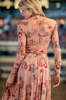 Easel Western Printed Mesh Fitted Top – Long Sleeve Cowboy Print in Camel-sheer top-Easel-Deja Nu Boutique, Women's Fashion Boutique in Lampasas, Texas