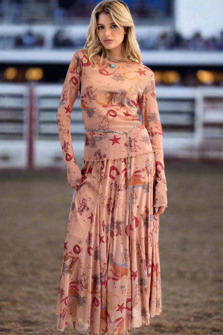 Easel Western Printed Mesh Swing Maxi Skirt – Elastic Waist Cowgirl Skirt in Camel-Skirts-Easel-Deja Nu Boutique, Women's Fashion Boutique in Lampasas, Texas