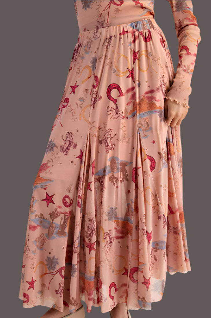 Easel Western Printed Mesh Swing Maxi Skirt – Elastic Waist Cowgirl Skirt in Camel-Skirts-Easel-Deja Nu Boutique, Women's Fashion Boutique in Lampasas, Texas