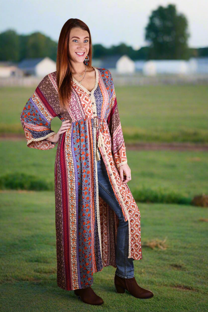 Easel Cream & Blue Printed Bell Sleeve Maxi Duster Dress-Maxi Dresses-Easel-Deja Nu Boutique, Women's Fashion Boutique in Lampasas, Texas