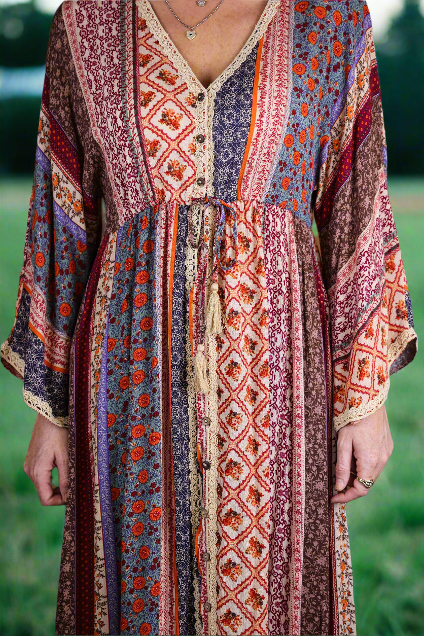 Easel Cream & Blue Printed Bell Sleeve Maxi Duster Dress-Maxi Dresses-Easel-Deja Nu Boutique, Women's Fashion Boutique in Lampasas, Texas