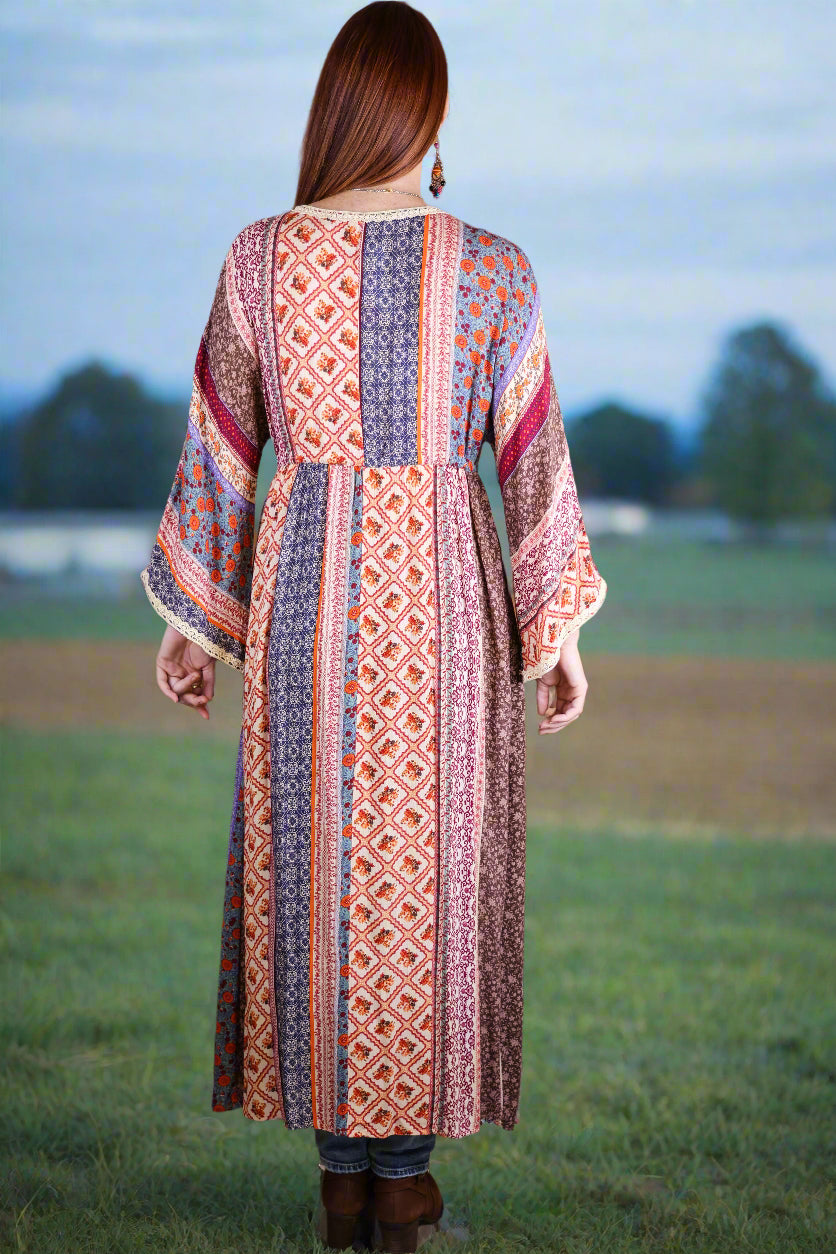 Easel Cream & Blue Printed Bell Sleeve Maxi Duster Dress-Maxi Dresses-Easel-Deja Nu Boutique, Women's Fashion Boutique in Lampasas, Texas