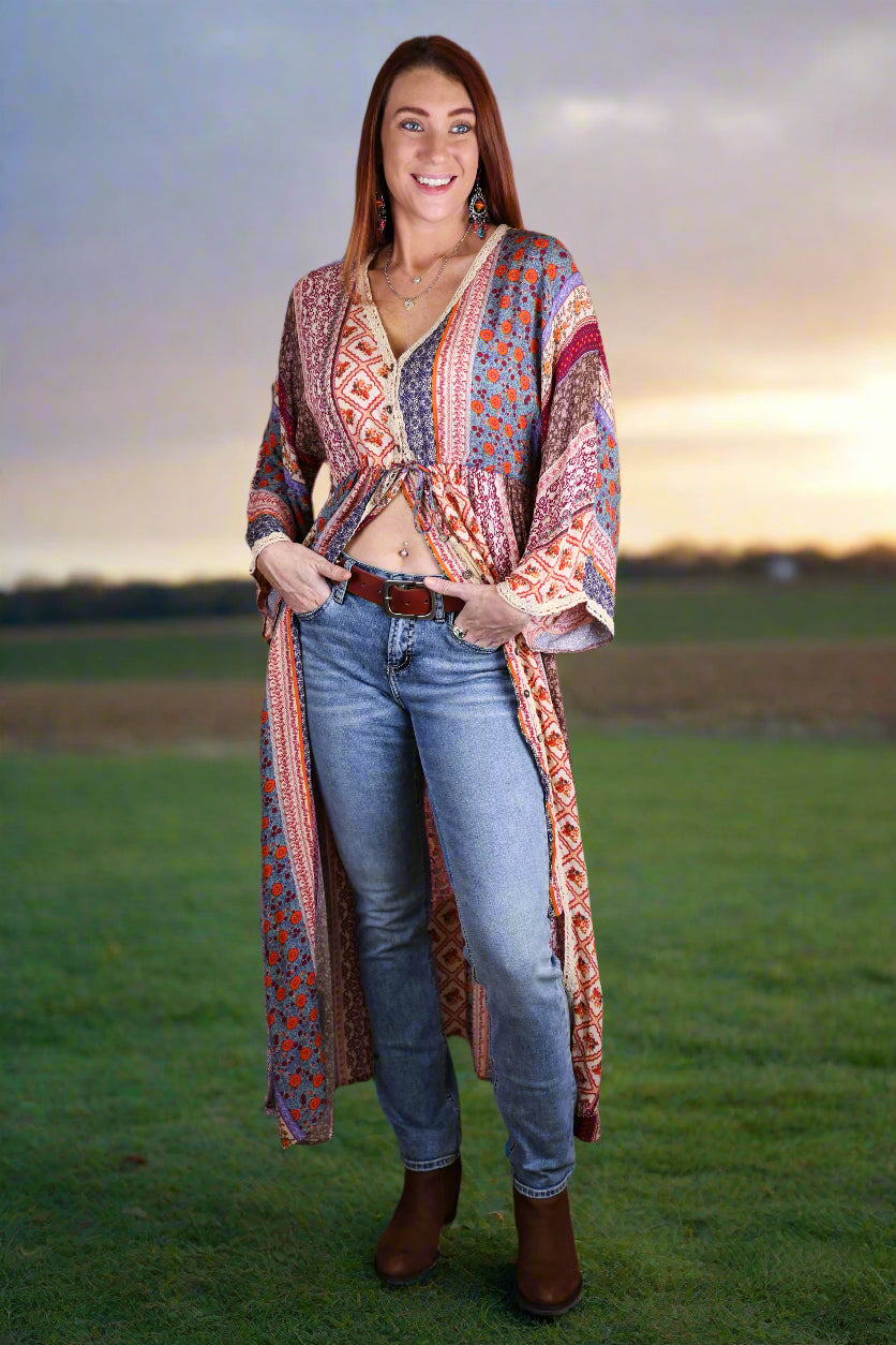 Easel Cream & Blue Printed Bell Sleeve Maxi Duster Dress-Maxi Dresses-Easel-Deja Nu Boutique, Women's Fashion Boutique in Lampasas, Texas