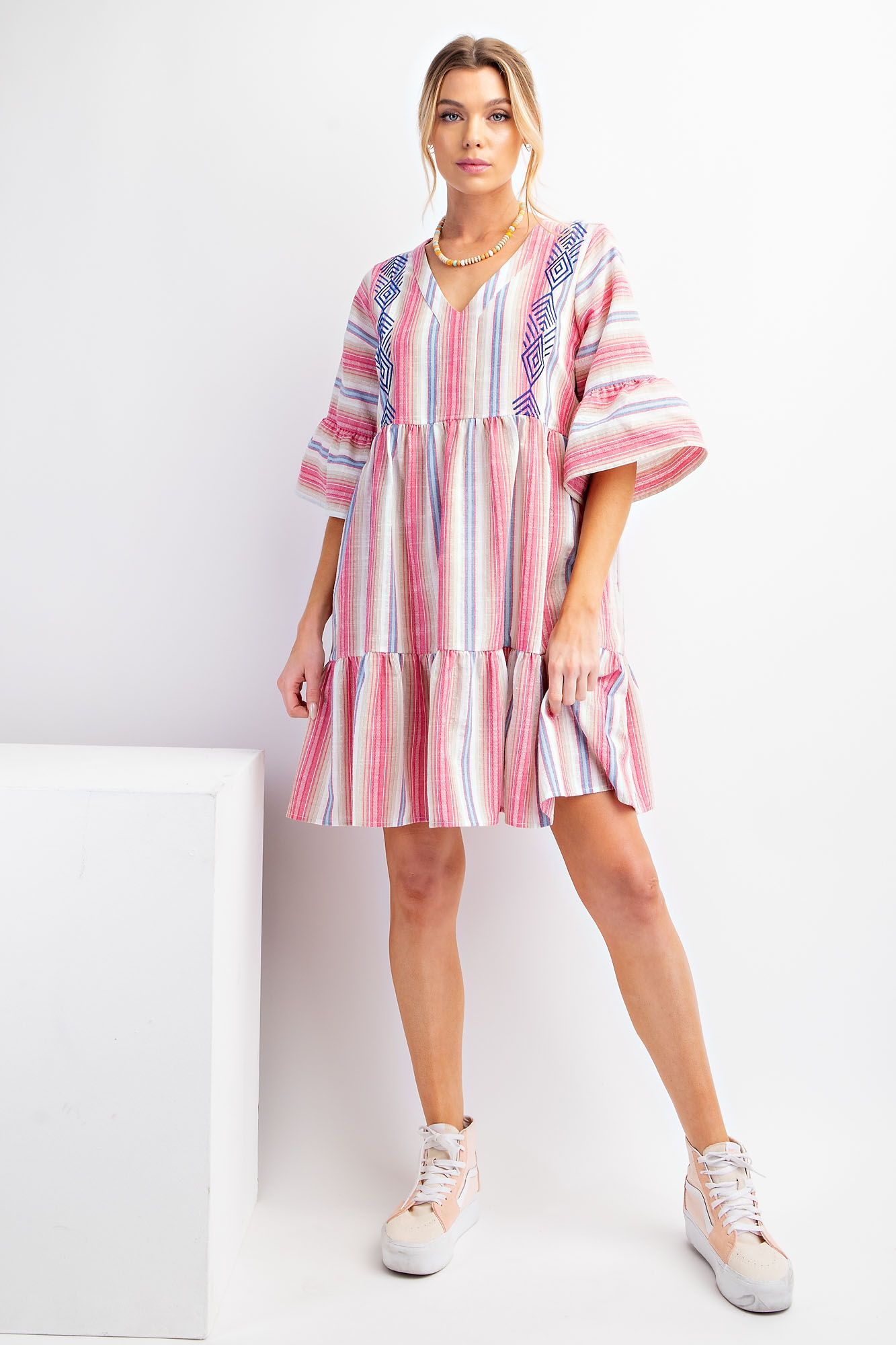 Easel Embroidered Pink Stripe Boho Dress-Short Dresses-Easel-Deja Nu Boutique, Women's Fashion Boutique in Lampasas, Texas