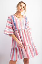 Easel Embroidered Pink Stripe Boho Dress-Short Dresses-Easel-Deja Nu Boutique, Women's Fashion Boutique in Lampasas, Texas