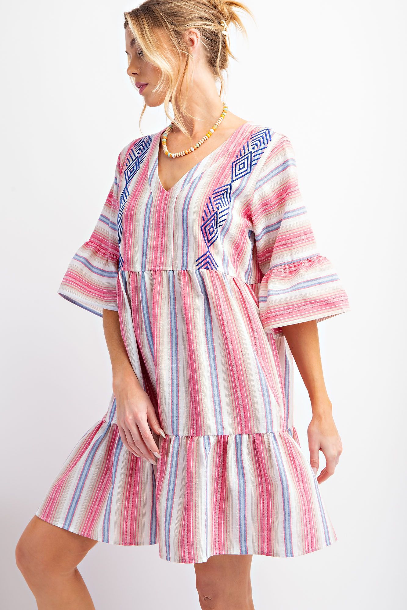 Easel Embroidered Pink Stripe Boho Dress-Short Dresses-Easel-Deja Nu Boutique, Women's Fashion Boutique in Lampasas, Texas