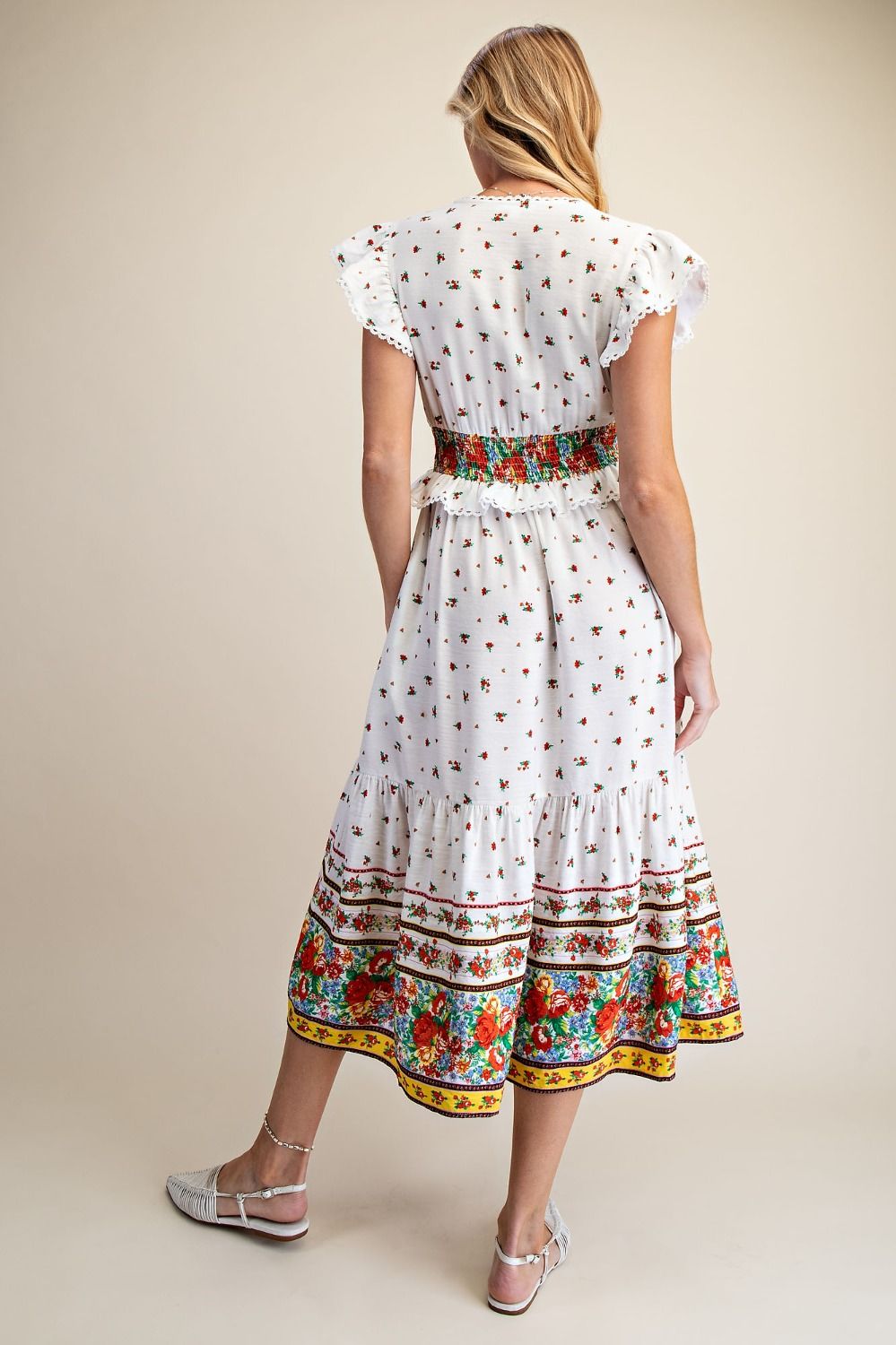 Easel Orange & Yellow Floral Border Print Cap Sleeve Midi Dress-Midi Dresses-Easel-Deja Nu Boutique, Women's Fashion Boutique in Lampasas, Texas