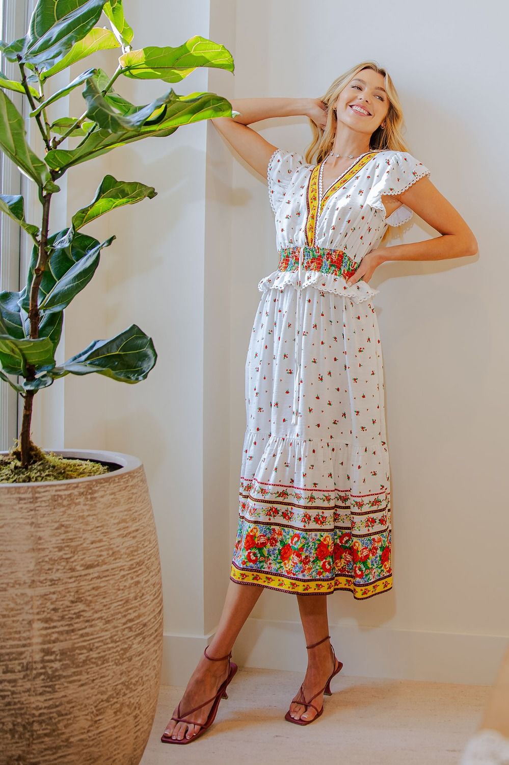Easel Orange & Yellow Floral Border Print Cap Sleeve Midi Dress-Midi Dresses-Easel-Deja Nu Boutique, Women's Fashion Boutique in Lampasas, Texas