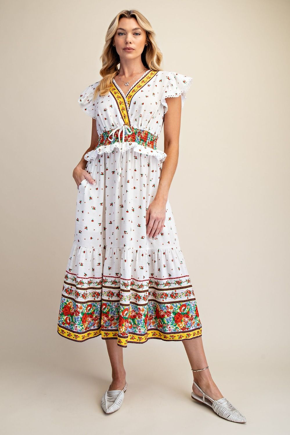 Easel Orange & Yellow Floral Border Print Cap Sleeve Midi Dress-Midi Dresses-Easel-Deja Nu Boutique, Women's Fashion Boutique in Lampasas, Texas