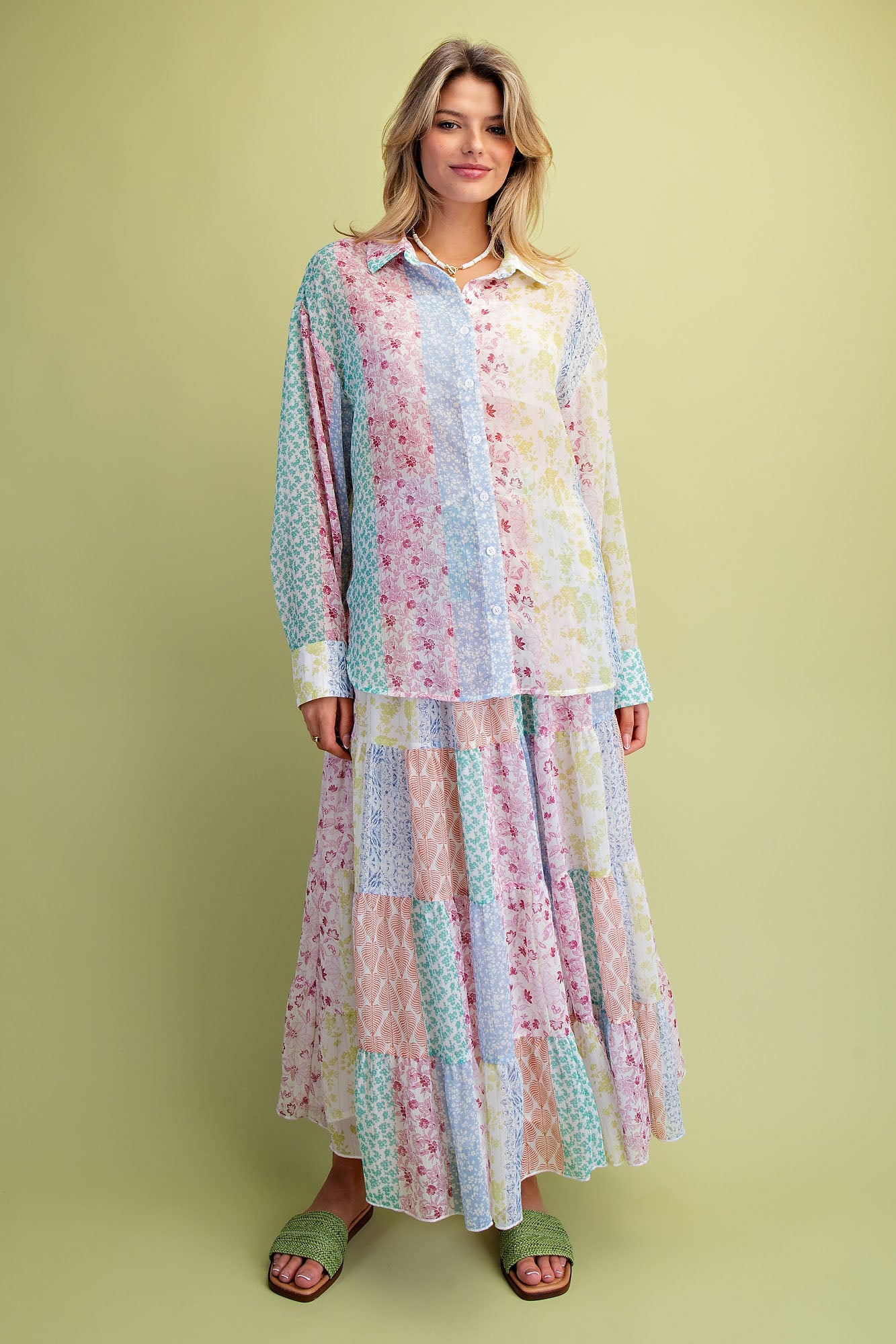 Easel Patchwork Multi Floral Printed Chiffon Tiered Maxi Skirt-Skirts-Easel-Deja Nu Boutique, Women's Fashion Boutique in Lampasas, Texas