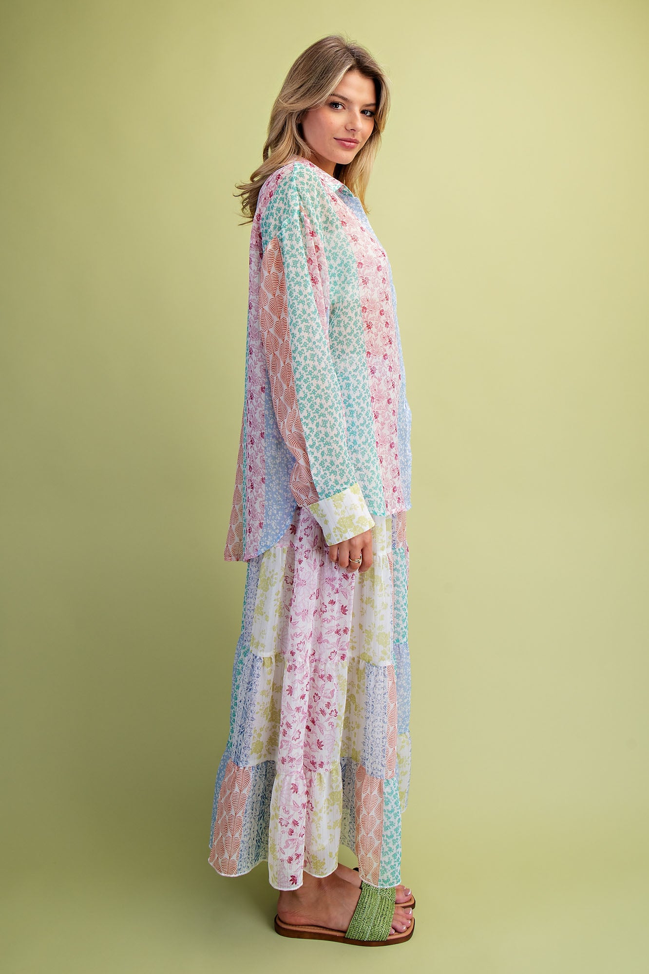 Easel Patchwork Multi Floral Printed Chiffon Tiered Maxi Skirt-Skirts-Easel-Deja Nu Boutique, Women's Fashion Boutique in Lampasas, Texas