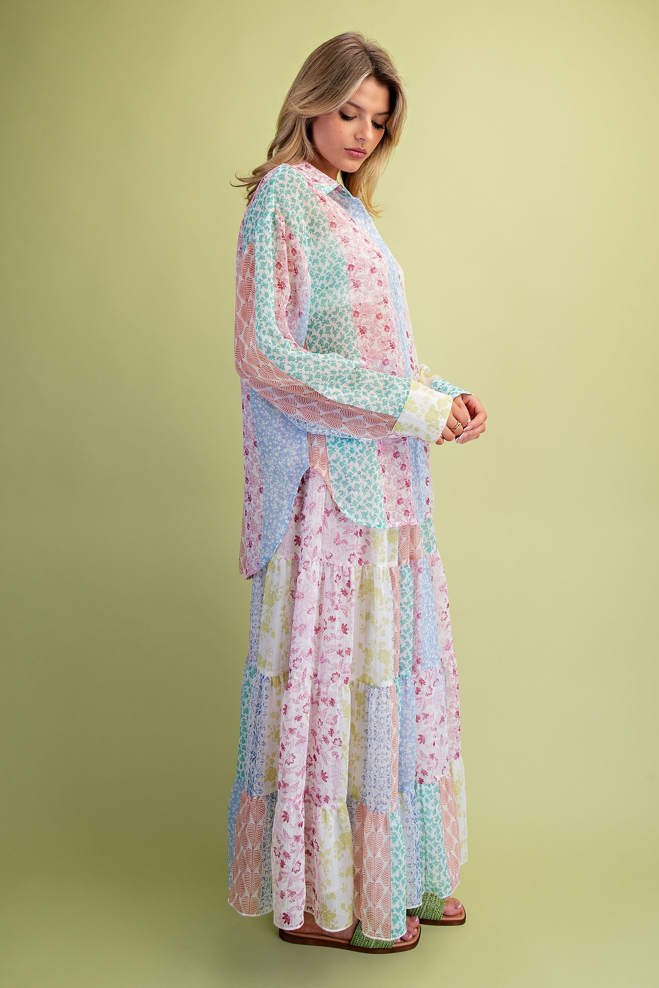 Easel Patchwork Multi Floral Printed Chiffon Tiered Maxi Skirt-Skirts-Easel-Deja Nu Boutique, Women's Fashion Boutique in Lampasas, Texas