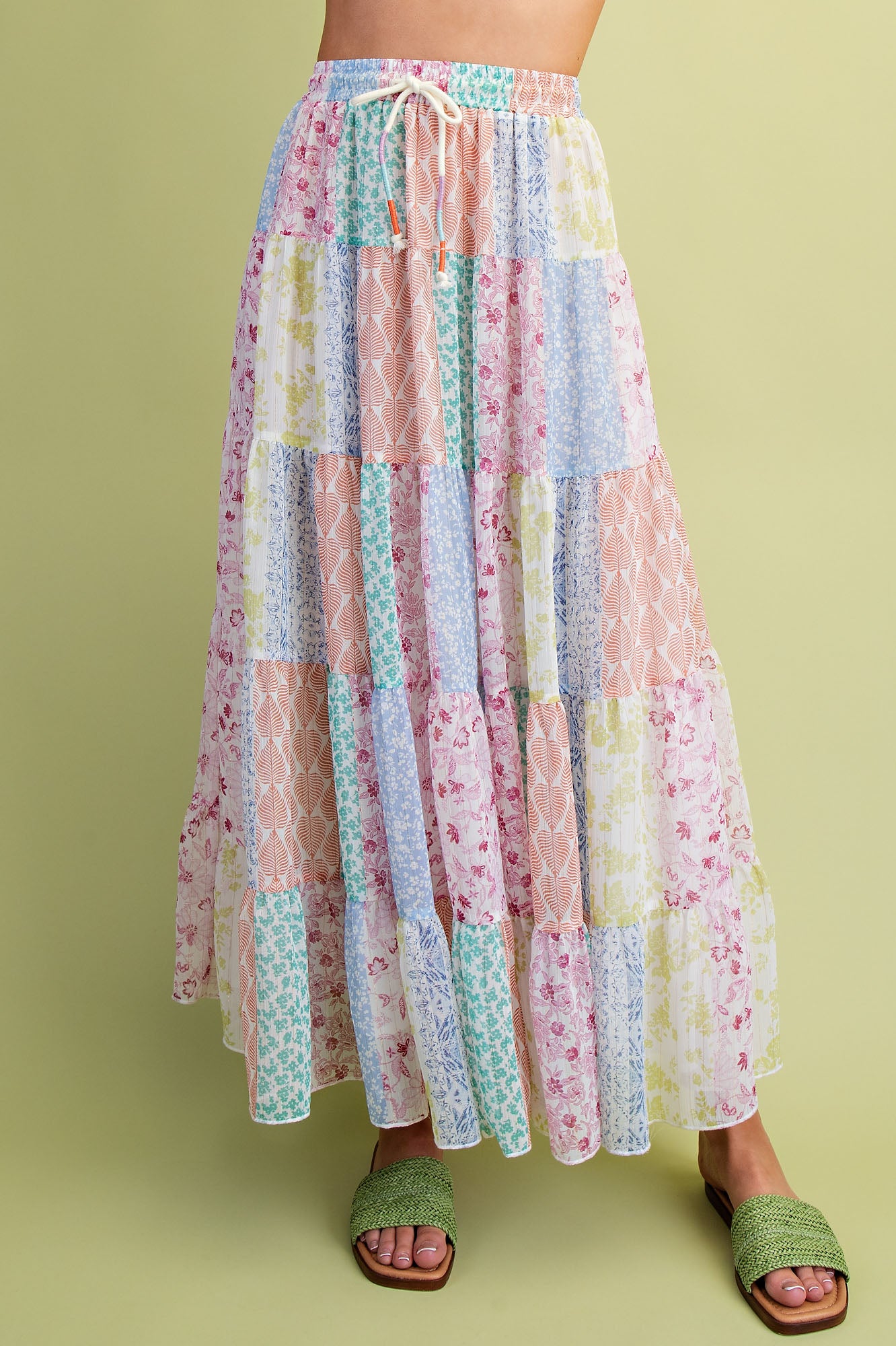 Easel Patchwork Multi Floral Printed Chiffon Tiered Maxi Skirt-Skirts-Easel-Deja Nu Boutique, Women's Fashion Boutique in Lampasas, Texas