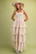 Easel Sage Label Natural Floral Strap Tiered Gauze Maxi Dress-Maxi Dresses-Easel-Deja Nu Boutique, Women's Fashion Boutique in Lampasas, Texas