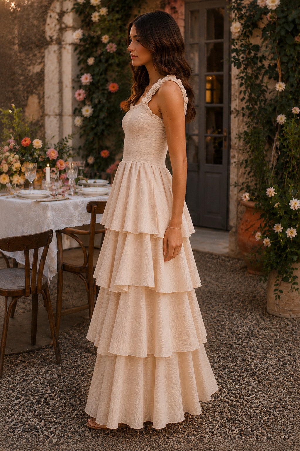 Easel Sage Label Natural Floral Strap Tiered Gauze Maxi Dress-Maxi Dresses-Easel-Deja Nu Boutique, Women's Fashion Boutique in Lampasas, Texas