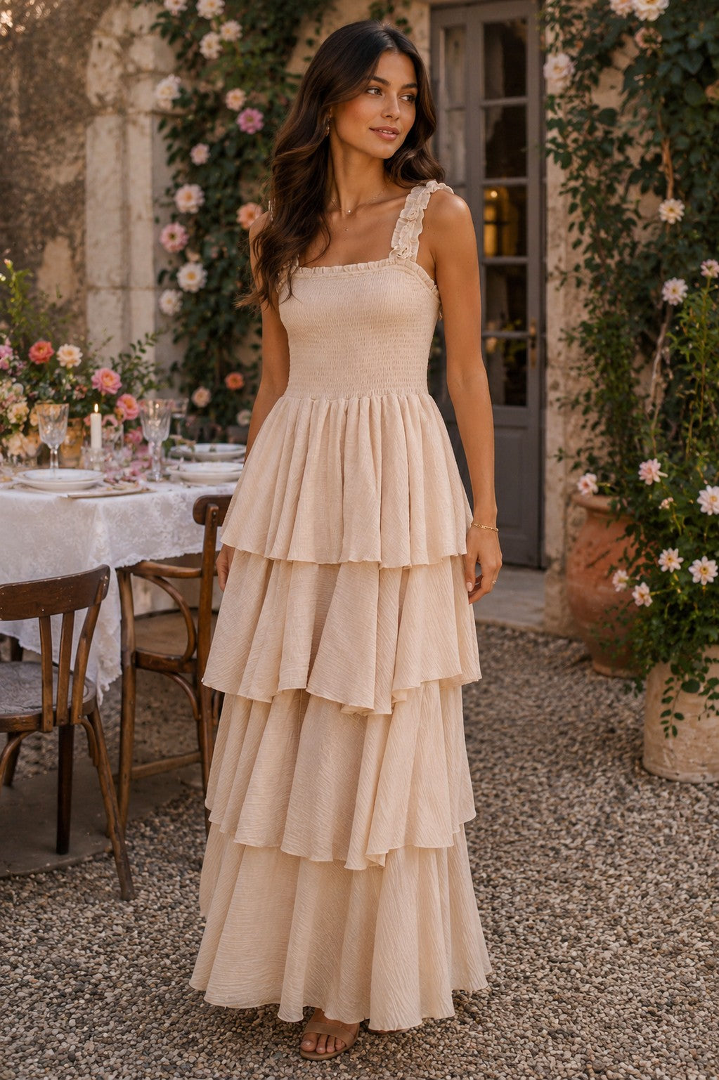 Easel Sage Label Natural Floral Strap Tiered Gauze Maxi Dress-Maxi Dresses-Easel-Deja Nu Boutique, Women's Fashion Boutique in Lampasas, Texas