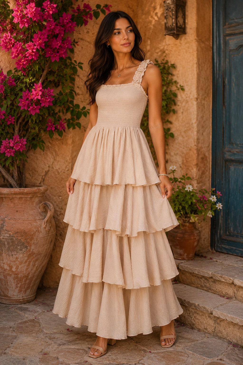 Easel Sage Label Natural Floral Strap Tiered Gauze Maxi Dress-Maxi Dresses-Easel-Deja Nu Boutique, Women's Fashion Boutique in Lampasas, Texas