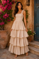Easel Sage Label Natural Floral Strap Tiered Gauze Maxi Dress-Maxi Dresses-Easel-Deja Nu Boutique, Women's Fashion Boutique in Lampasas, Texas