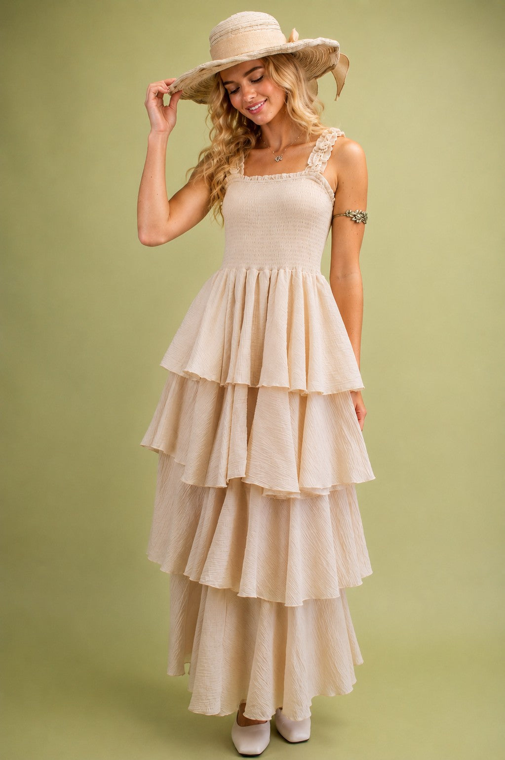 Easel Sage Label Natural Floral Strap Tiered Gauze Maxi Dress-Maxi Dresses-Easel-Deja Nu Boutique, Women's Fashion Boutique in Lampasas, Texas