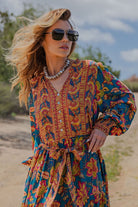 Easel Turquoise Floral Rayon Challis Maxi Dress – Tie Waist Boho Long Sleeve Dress-Maxi Dresses-Easel-Deja Nu Boutique, Women's Fashion Boutique in Lampasas, Texas