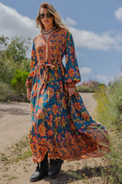 Easel Turquoise Floral Rayon Challis Maxi Dress – Tie Waist Boho Long Sleeve Dress-Maxi Dresses-Easel-Deja Nu Boutique, Women's Fashion Boutique in Lampasas, Texas