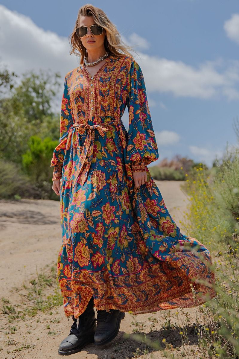 Easel Turquoise Floral Rayon Challis Maxi Dress – Tie Waist Boho Long Sleeve Dress-Maxi Dresses-Easel-Deja Nu Boutique, Women's Fashion Boutique in Lampasas, Texas