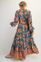 Easel Turquoise Floral Rayon Challis Maxi Dress – Tie Waist Boho Long Sleeve Dress-Maxi Dresses-Easel-Deja Nu Boutique, Women's Fashion Boutique in Lampasas, Texas