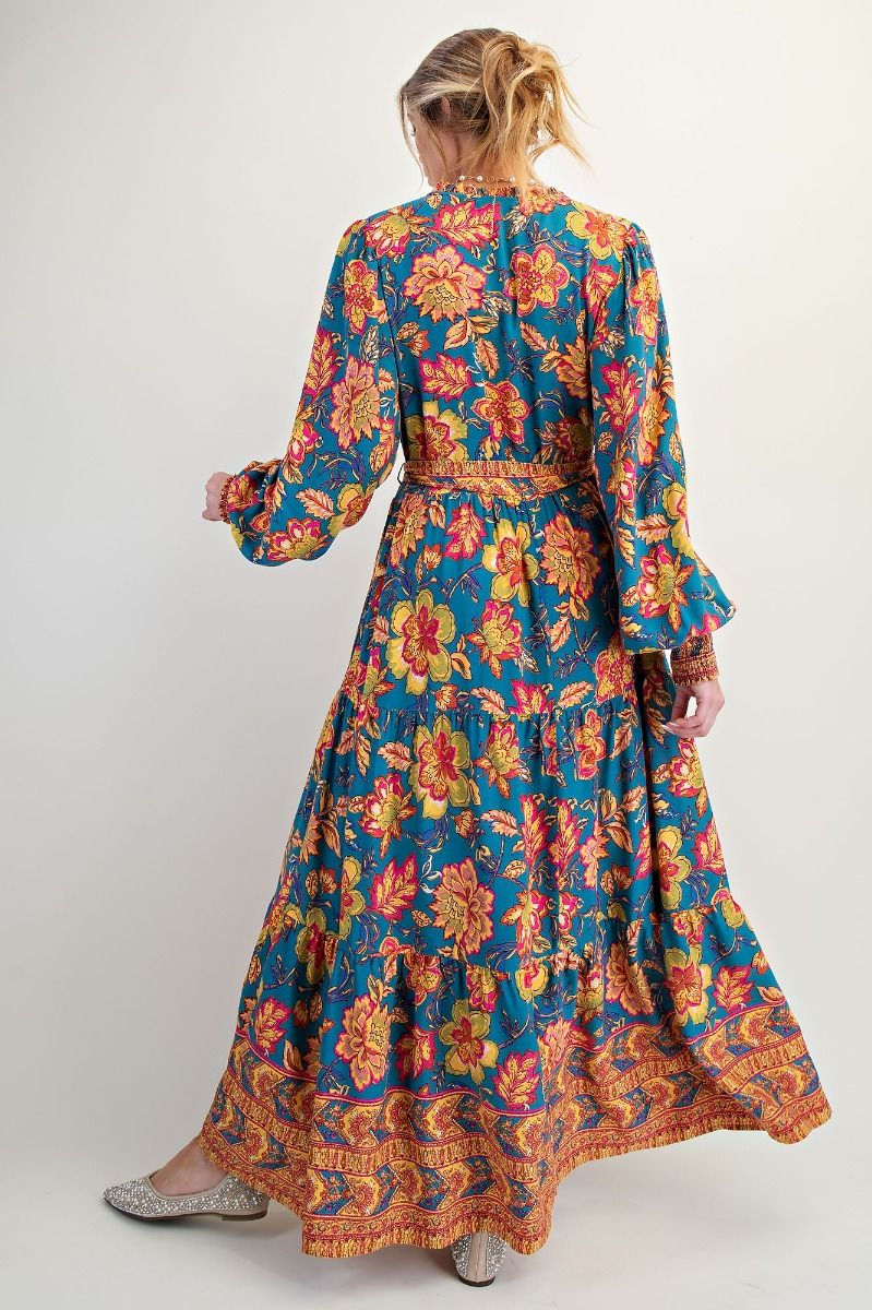 Easel Turquoise Floral Rayon Challis Maxi Dress – Tie Waist Boho Long Sleeve Dress-Maxi Dresses-Easel-Deja Nu Boutique, Women's Fashion Boutique in Lampasas, Texas