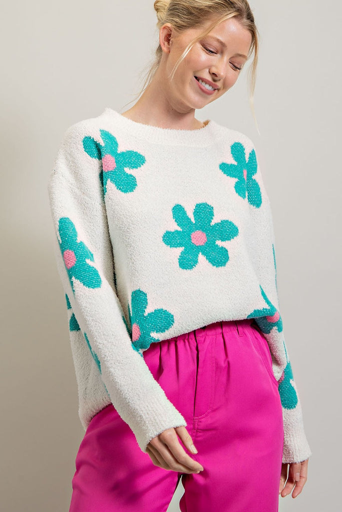 ee:some Off White Sweater With Teal And Pink All Over Floral Print-Sweaters-ee:some-Deja Nu Boutique, Women's Fashion Boutique in Lampasas, Texas