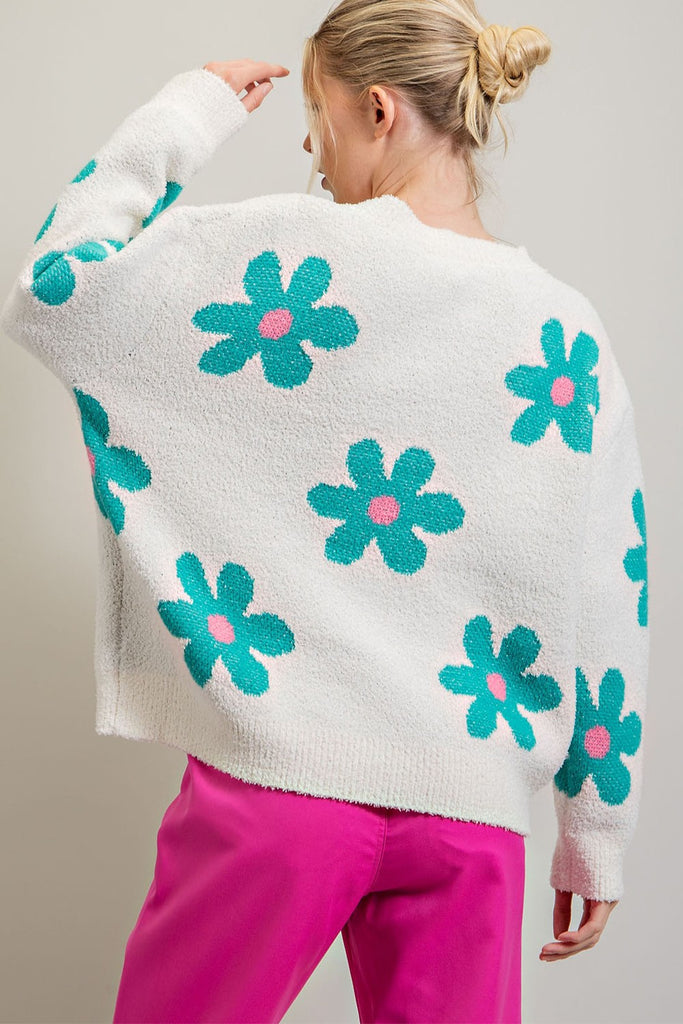 ee:some Off White Sweater With Teal And Pink All Over Floral Print-Sweaters-ee:some-Deja Nu Boutique, Women's Fashion Boutique in Lampasas, Texas