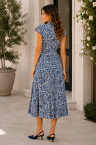 Elan Navy Nomadia Maxi V-Neck Cap Sleeve Dress-Maxi Dresses-elan-Deja Nu Boutique, Women's Fashion Boutique in Lampasas, Texas