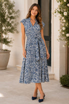 Elan Navy Nomadia Maxi V-Neck Cap Sleeve Dress-Maxi Dresses-elan-Deja Nu Boutique, Women's Fashion Boutique in Lampasas, Texas