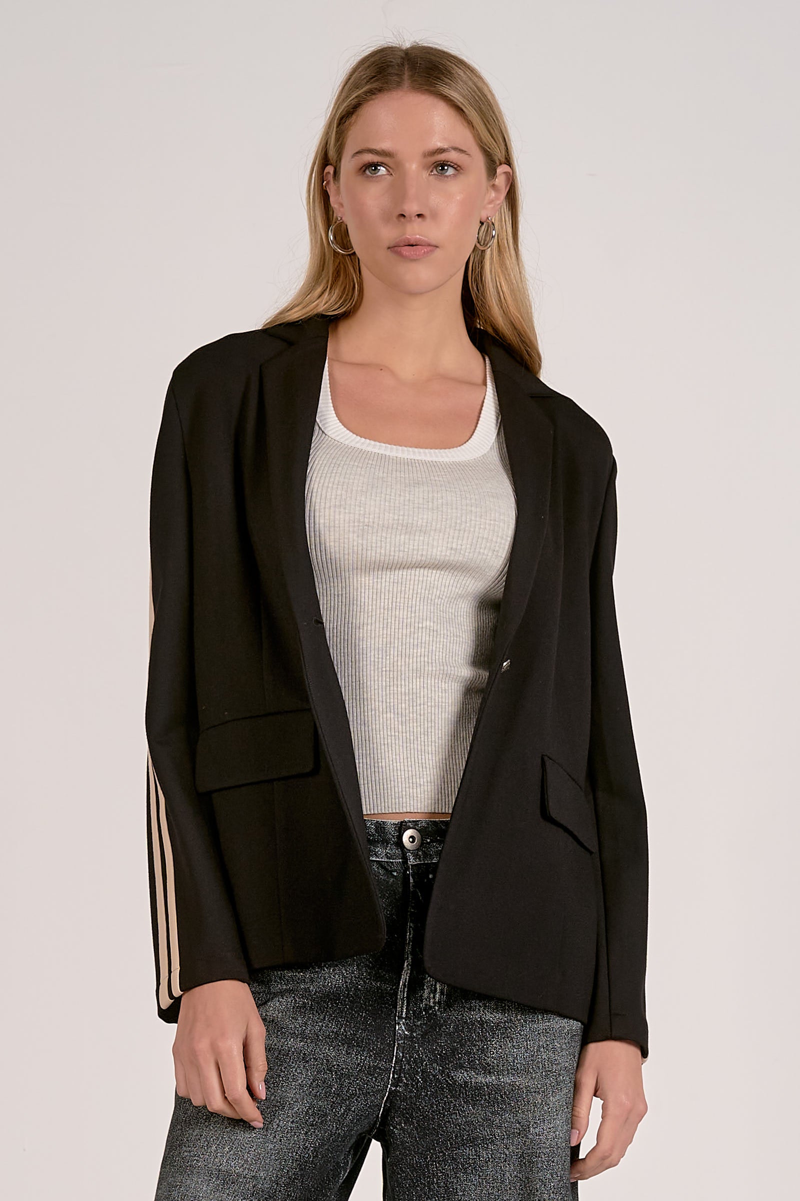 Elan Black Track Stripe Blazer-Blazers-Elan-Deja Nu Boutique, Women's Fashion Boutique in Lampasas, Texas
