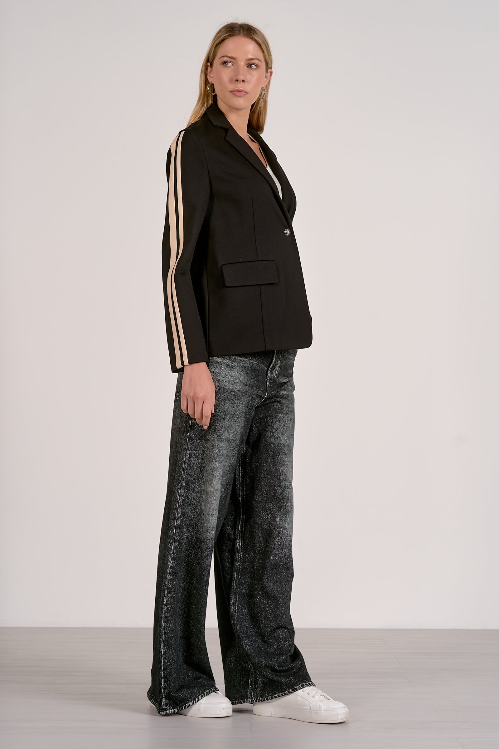 Elan Black Track Stripe Blazer-Blazers-Elan-Deja Nu Boutique, Women's Fashion Boutique in Lampasas, Texas