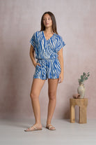 Elan Blue Zebra Resort Short Sleeve Crop Top-Tops-Elan-Deja Nu Boutique, Women's Fashion Boutique in Lampasas, Texas