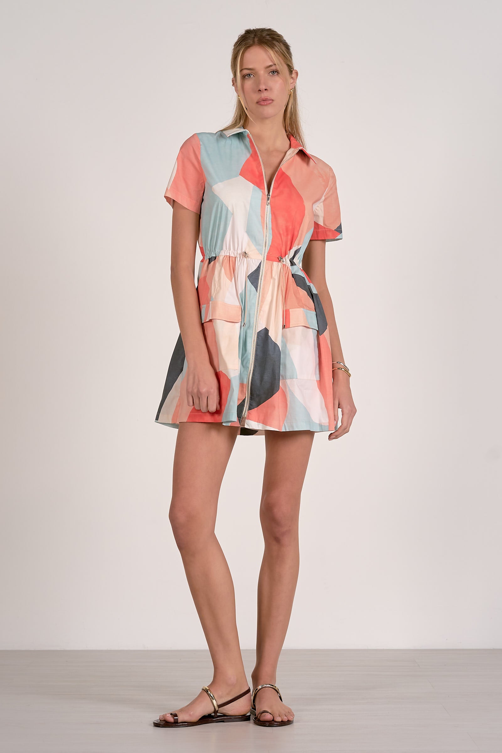 Elan Collared Full Zip Dress in Multi Prism-Dresses-Elan-Deja Nu Boutique, Women's Fashion Boutique in Lampasas, Texas