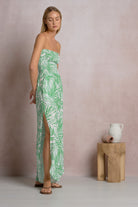 Elan Green Bali Smocked Tropical Strapless Jumpsuit-Rompers & Jumpsuits-Elan-Deja Nu Boutique, Women's Fashion Boutique in Lampasas, Texas