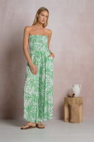 Elan Green Bali Smocked Tropical Strapless Jumpsuit-Rompers & Jumpsuits-Elan-Deja Nu Boutique, Women's Fashion Boutique in Lampasas, Texas