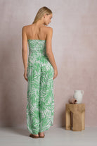 Elan Green Bali Smocked Tropical Strapless Jumpsuit-Rompers & Jumpsuits-Elan-Deja Nu Boutique, Women's Fashion Boutique in Lampasas, Texas