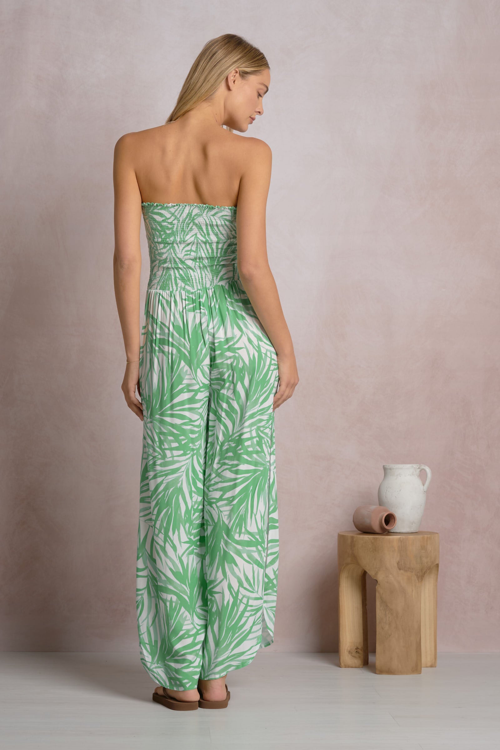 Elan Green Bali Smocked Tropical Strapless Jumpsuit-Rompers & Jumpsuits-Elan-Deja Nu Boutique, Women's Fashion Boutique in Lampasas, Texas