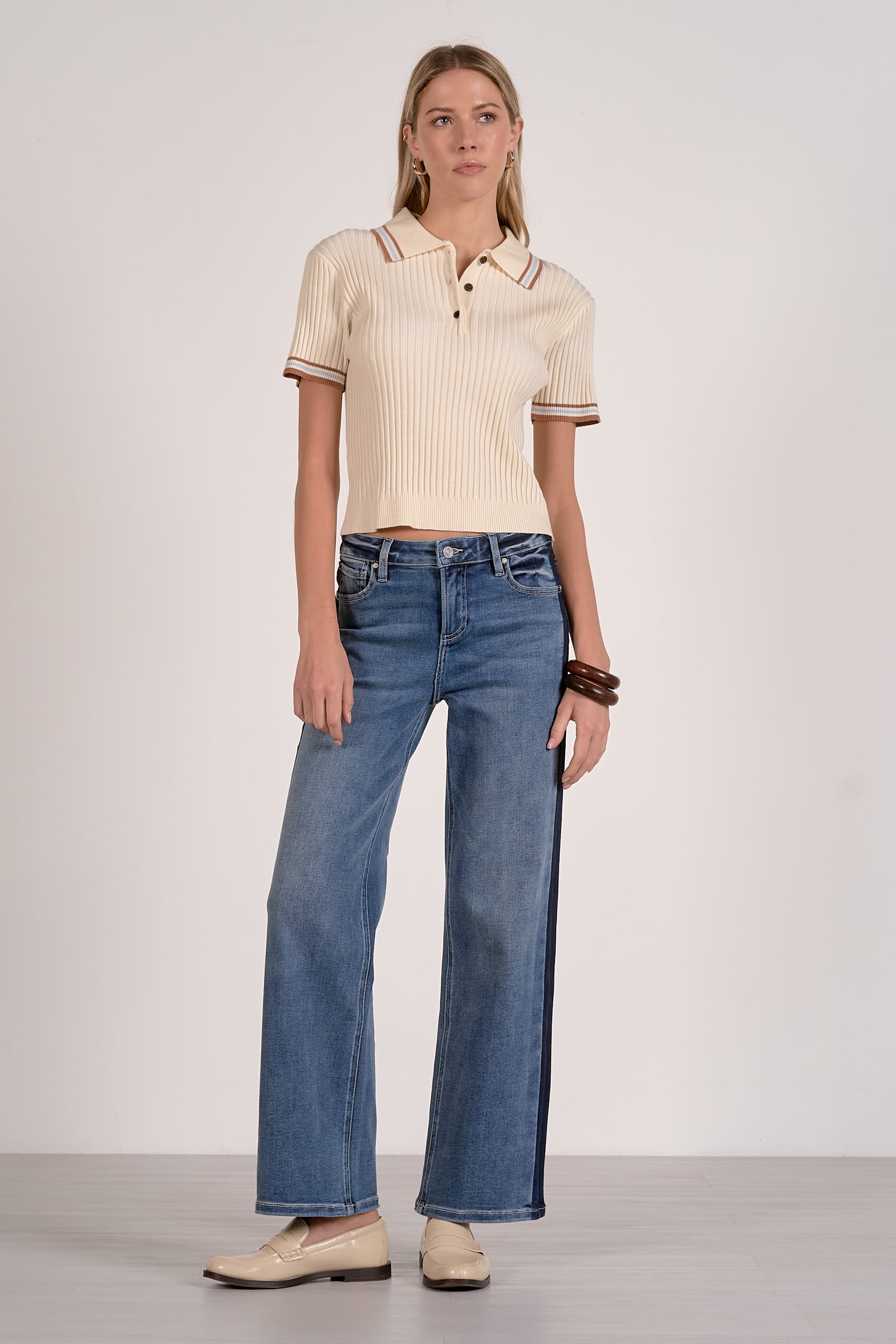 Elan Ribbed Collared Short Sleeve Sweater – Cream-shirts-Elan-Deja Nu Boutique, Women's Fashion Boutique in Lampasas, Texas