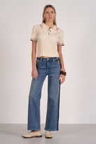 Elan Ribbed Collared Short Sleeve Sweater – Cream-shirts-Elan-Deja Nu Boutique, Women's Fashion Boutique in Lampasas, Texas