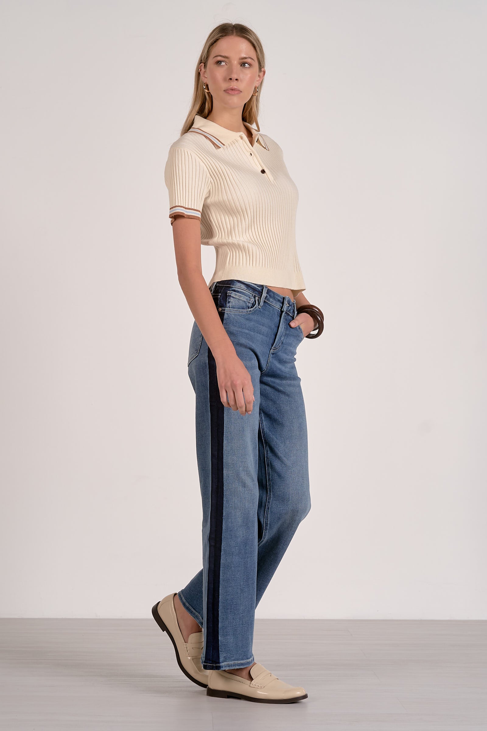 Elan Ribbed Collared Short Sleeve Sweater – Cream-shirts-Elan-Deja Nu Boutique, Women's Fashion Boutique in Lampasas, Texas