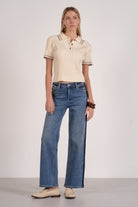 Elan Ribbed Collared Short Sleeve Sweater – Cream-shirts-Elan-Deja Nu Boutique, Women's Fashion Boutique in Lampasas, Texas