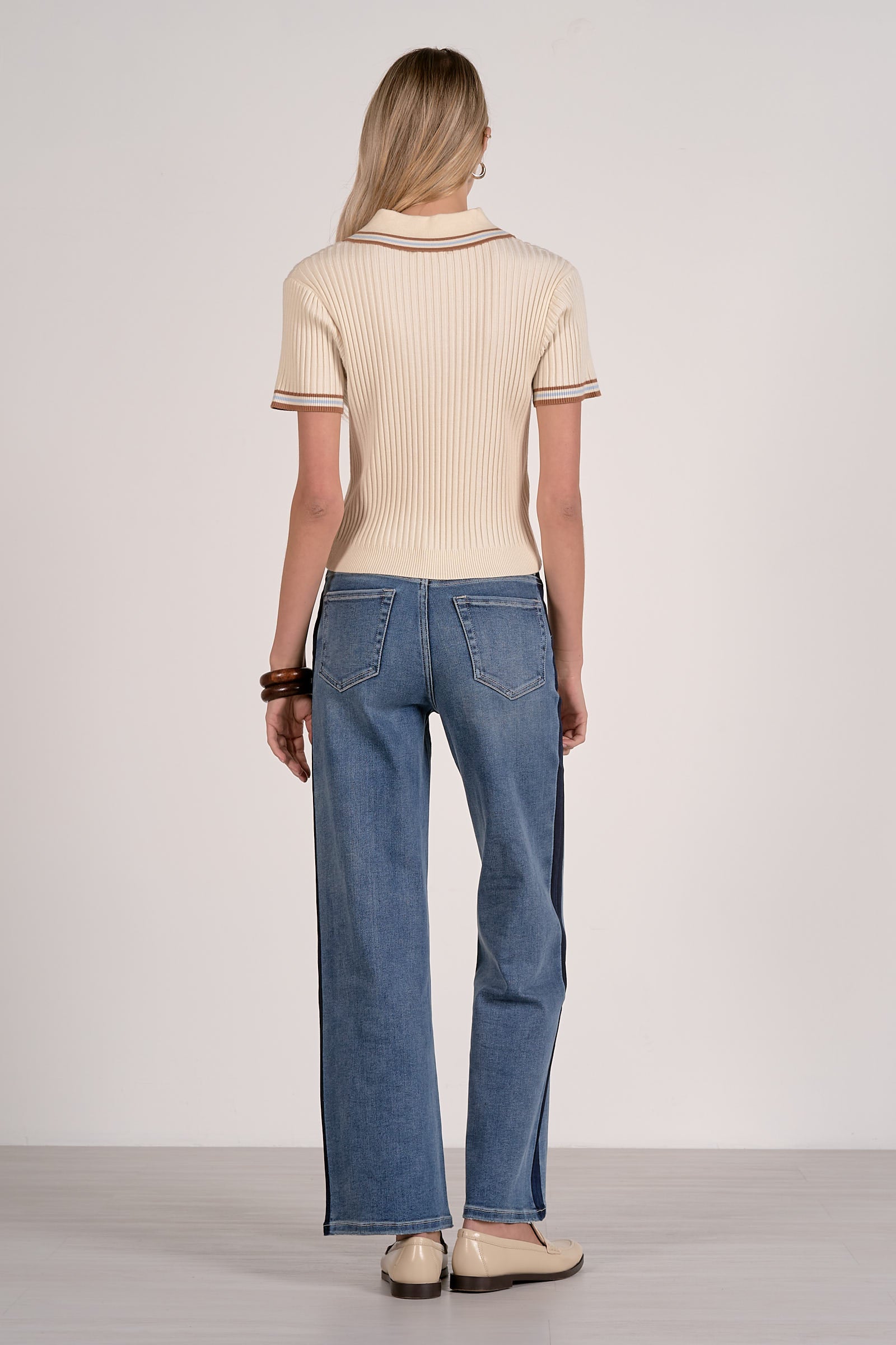 Elan Ribbed Collared Short Sleeve Sweater – Cream-shirts-Elan-Deja Nu Boutique, Women's Fashion Boutique in Lampasas, Texas
