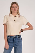 Elan Ribbed Collared Short Sleeve Sweater – Cream-shirts-Elan-Deja Nu Boutique, Women's Fashion Boutique in Lampasas, Texas
