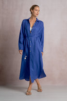 Elan Sapphire Blue Maxi Shirt Dress-Dresses-Elan-Deja Nu Boutique, Women's Fashion Boutique in Lampasas, Texas