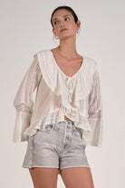 Elan White Long Sleeve Ruffle Blouse-Tops-Elan-Deja Nu Boutique, Women's Fashion Boutique in Lampasas, Texas