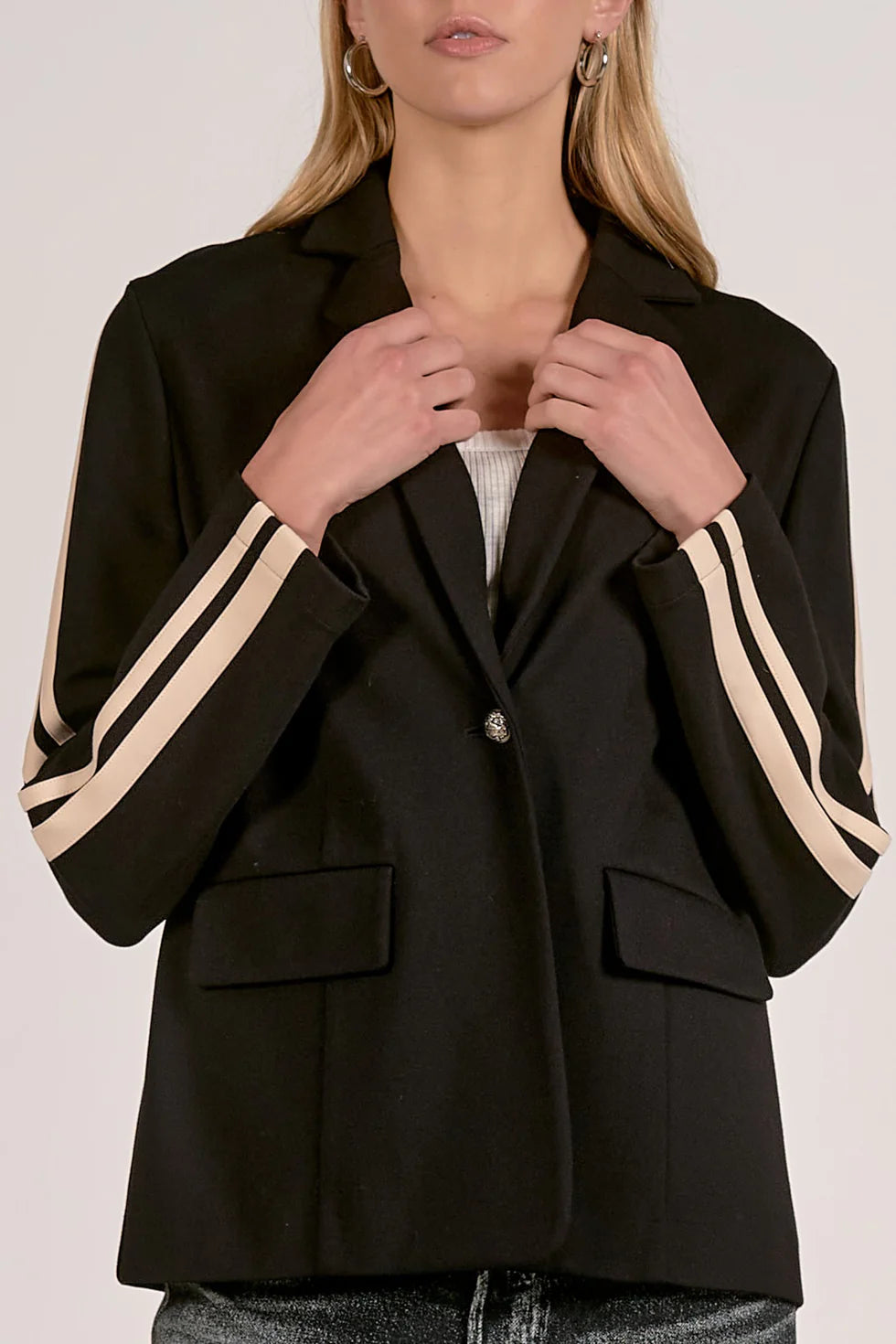 Elan Black Track Stripe Blazer-Blazers-Elan-Deja Nu Boutique, Women's Fashion Boutique in Lampasas, Texas